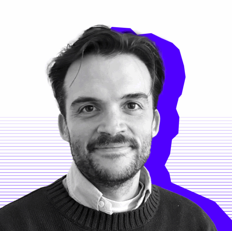 Image of Max in black and white, with a purple shadow behind him. Background white with thin purple lines.