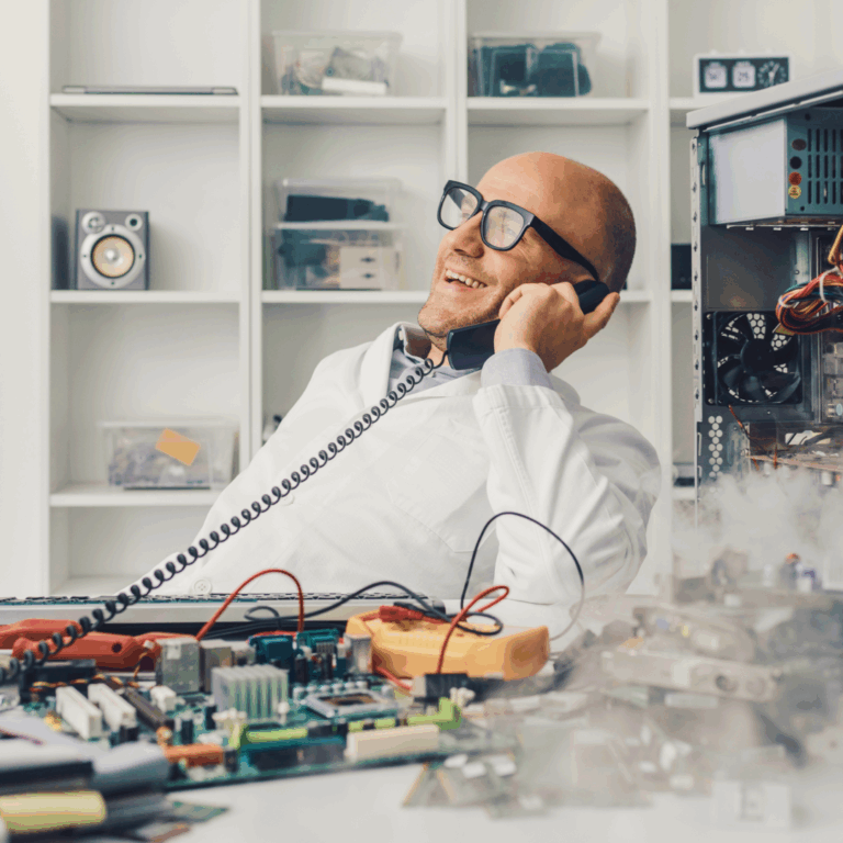 Image of a man wearing glasses and a white shirt sitting at a desk talking on a phone, with a computer smoking in the foreground.