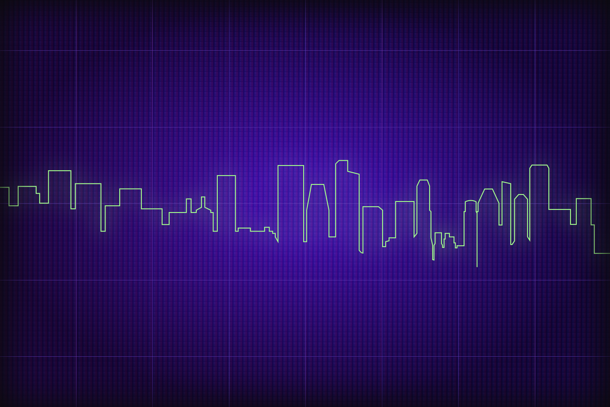 Purplish image of an EKG that looks like a city skyline.