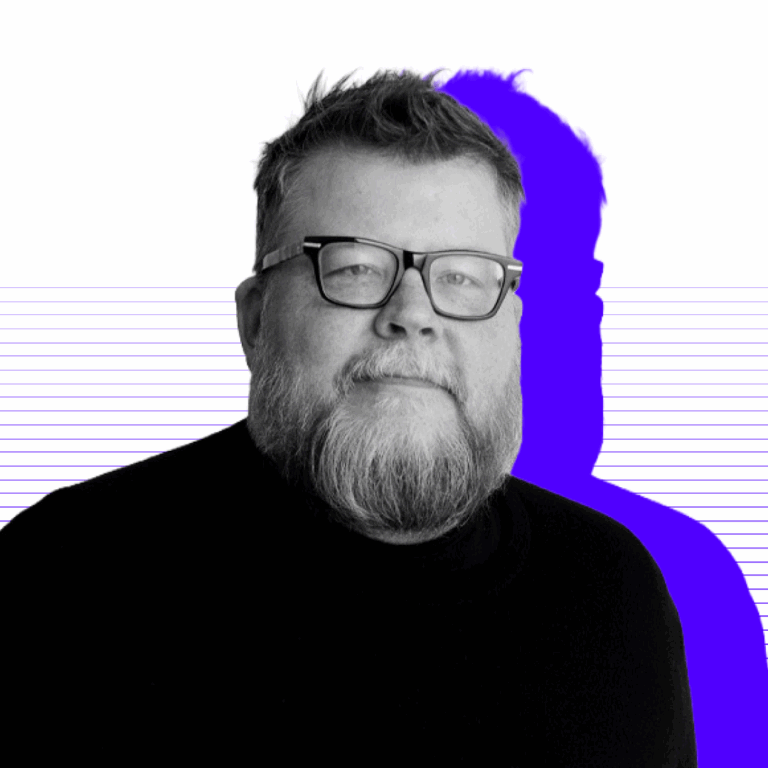 Black and white headshot of Rafe silhouetted by purple, against a white background with soft purple lines.