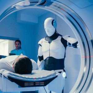 Image of a robot giving a person an MRI.