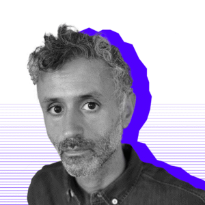 Black and white image of Gideon with a purple shadow and purple lines in the background.