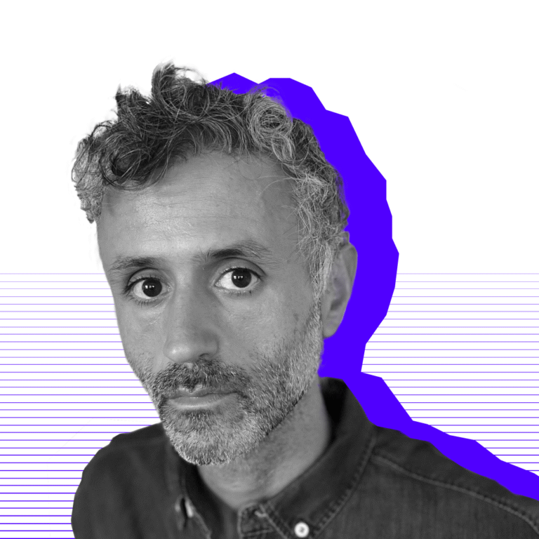 Black and white image of Gideon with a purple shadow and purple lines in the background.