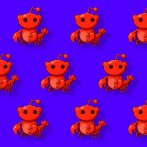 Grid of the Moltbook icon (a play on the Reddit robot head with a crab body, in shades of reddish pink) against a dark purple background.