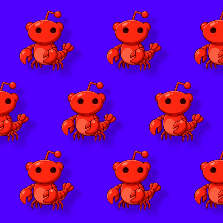 Grid of the Moltbook icon (a play on the Reddit robot head with a crab body, in shades of reddish pink) against a dark purple background.