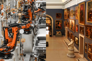 Split image with a car assembly line on one side and an art museum on the other.