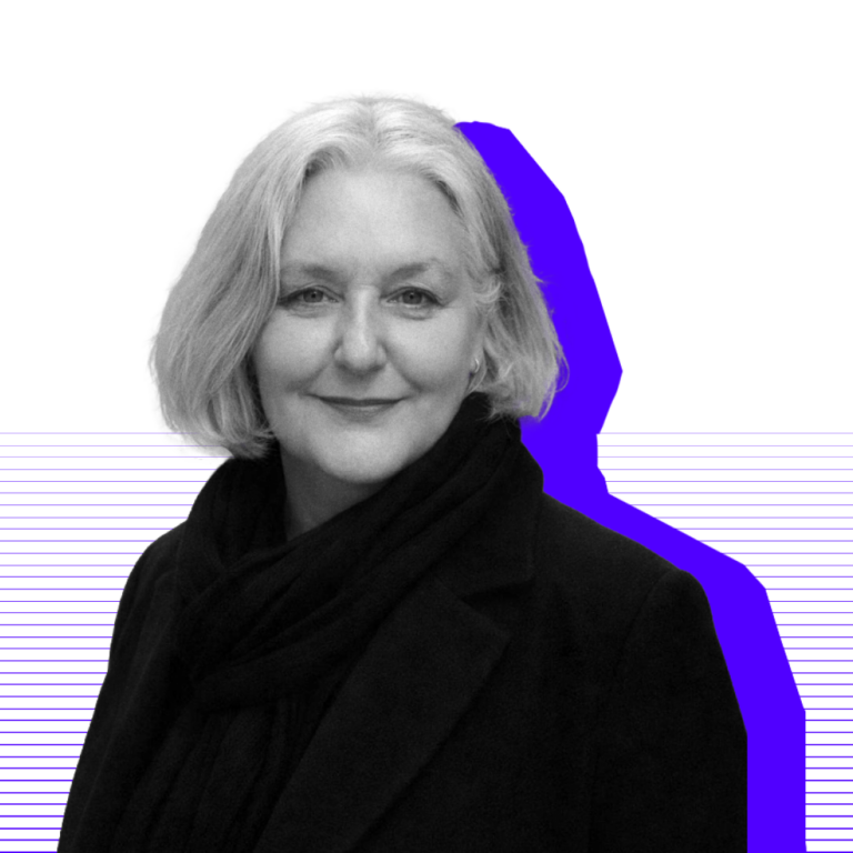 Black and white image of Erynn with a purple shadow.