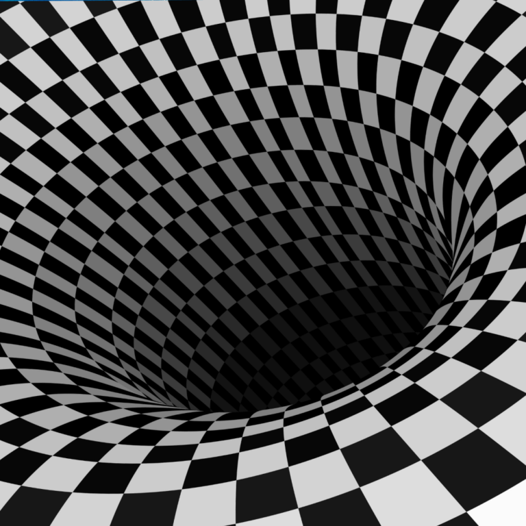 Image of a black and white optical illusion suggesting a deep hole.
