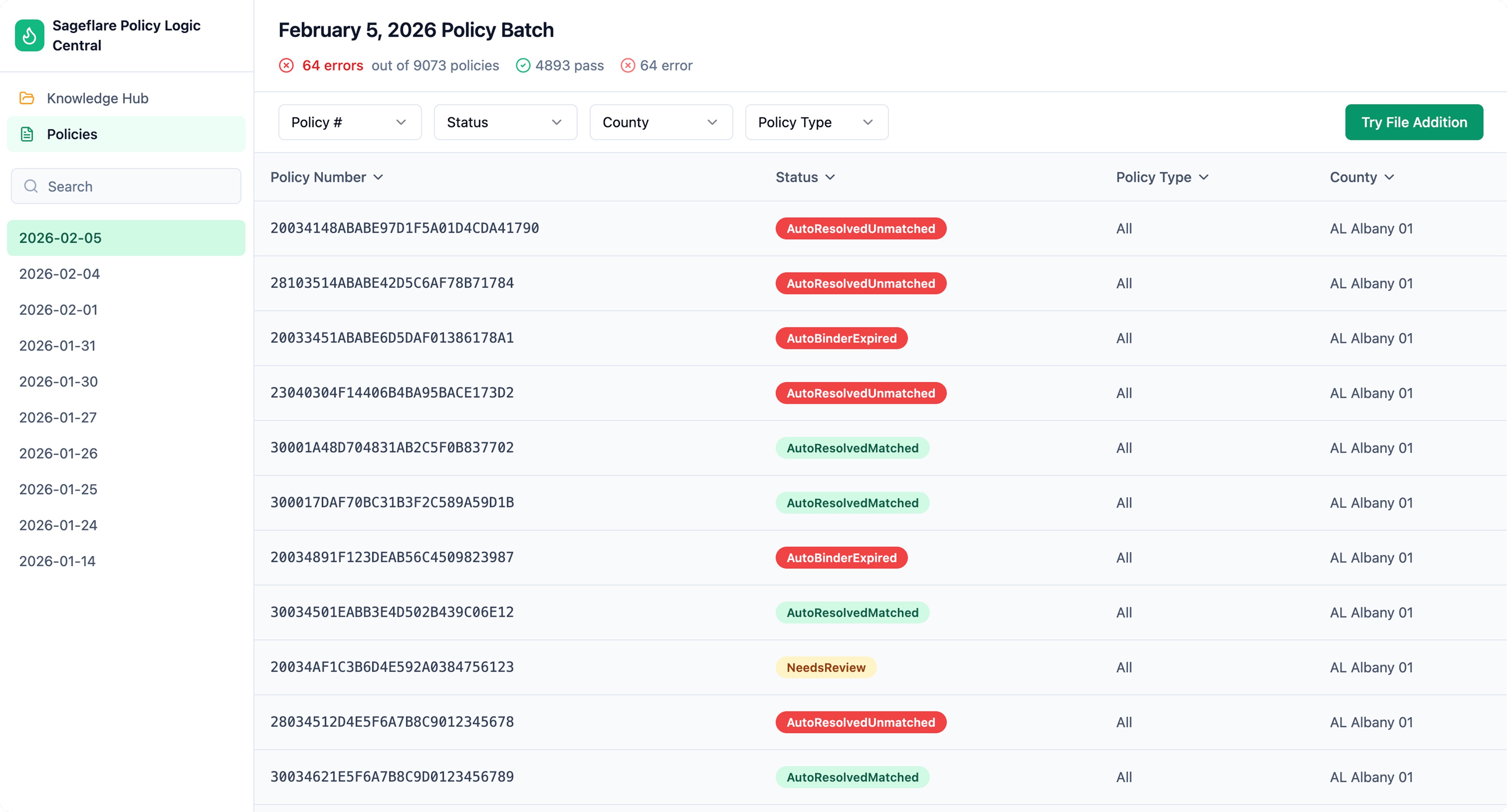 SageSure Policy Logic Central dashboard