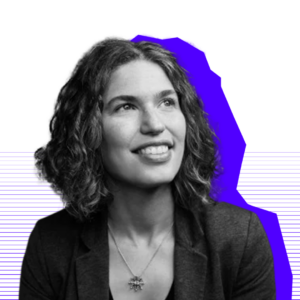 Photograph of Hilary in black and white with a purple shadow.