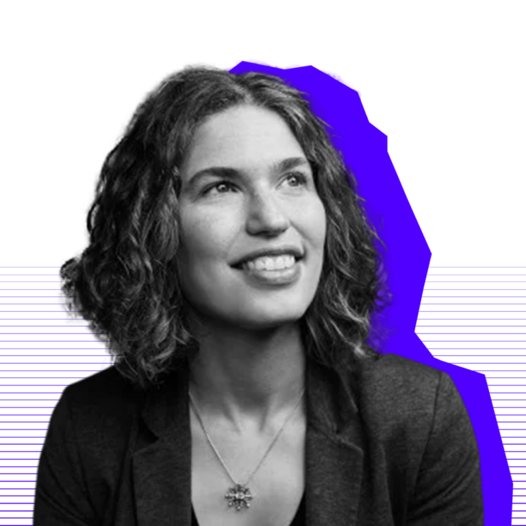 Photograph of Hilary in black and white with a purple shadow.