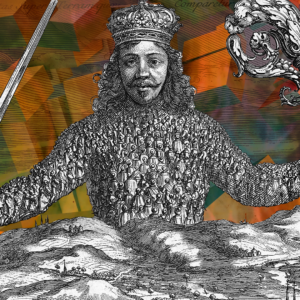 Image of the line drawn sea-monarch figure from the original cover of Hobbes's Leviathan against a colorful background.