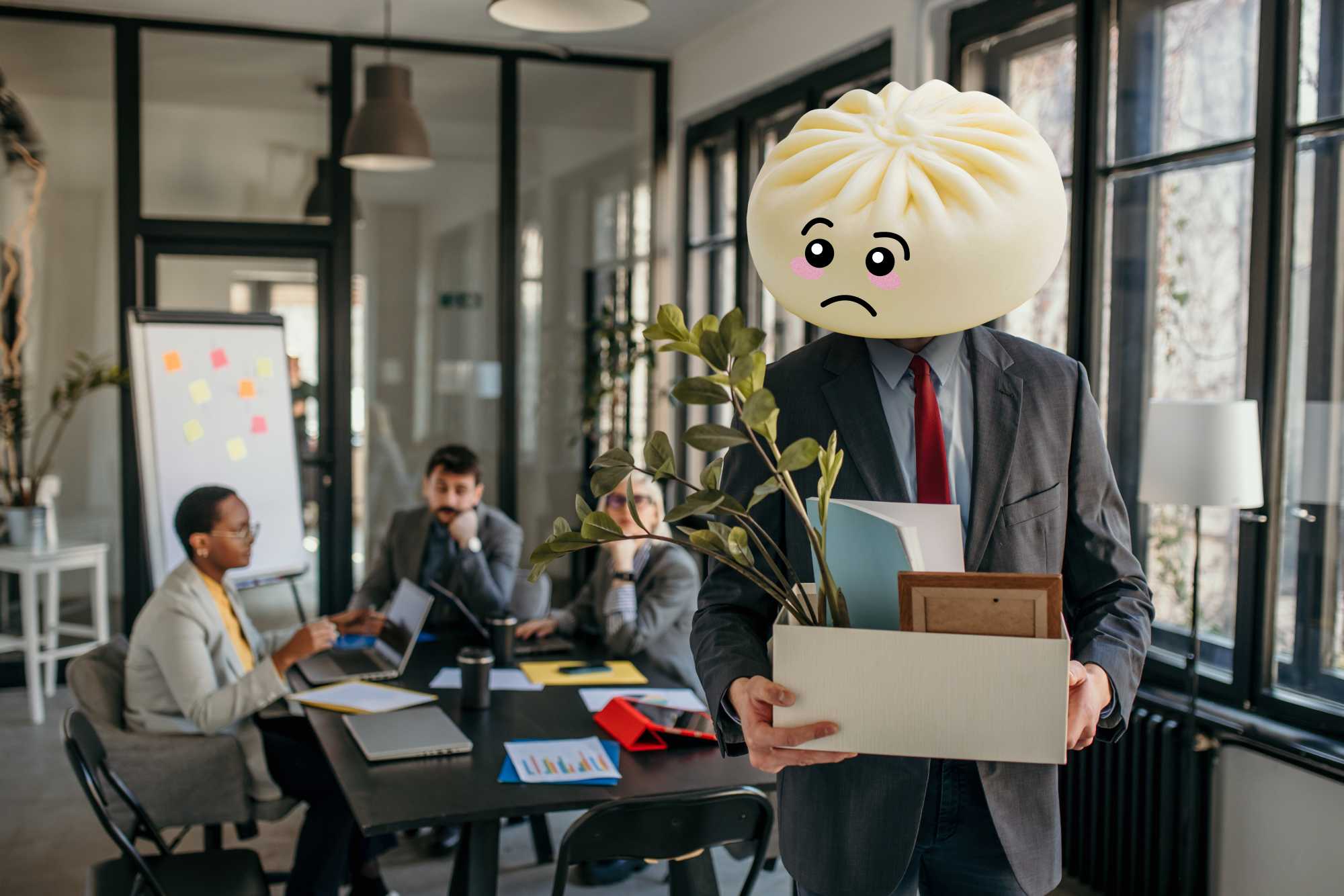 A businessman with the Bun bao for a head carrying his box of items away from an office, clearly just fired. Three people sit at a conference room behind him.