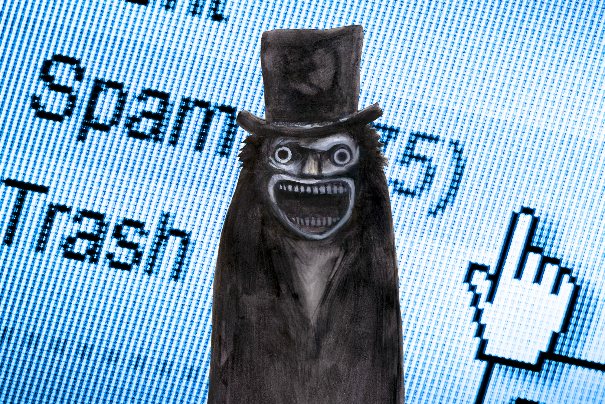 Image of the babadook superimposed over an image of email spam and trash labels.