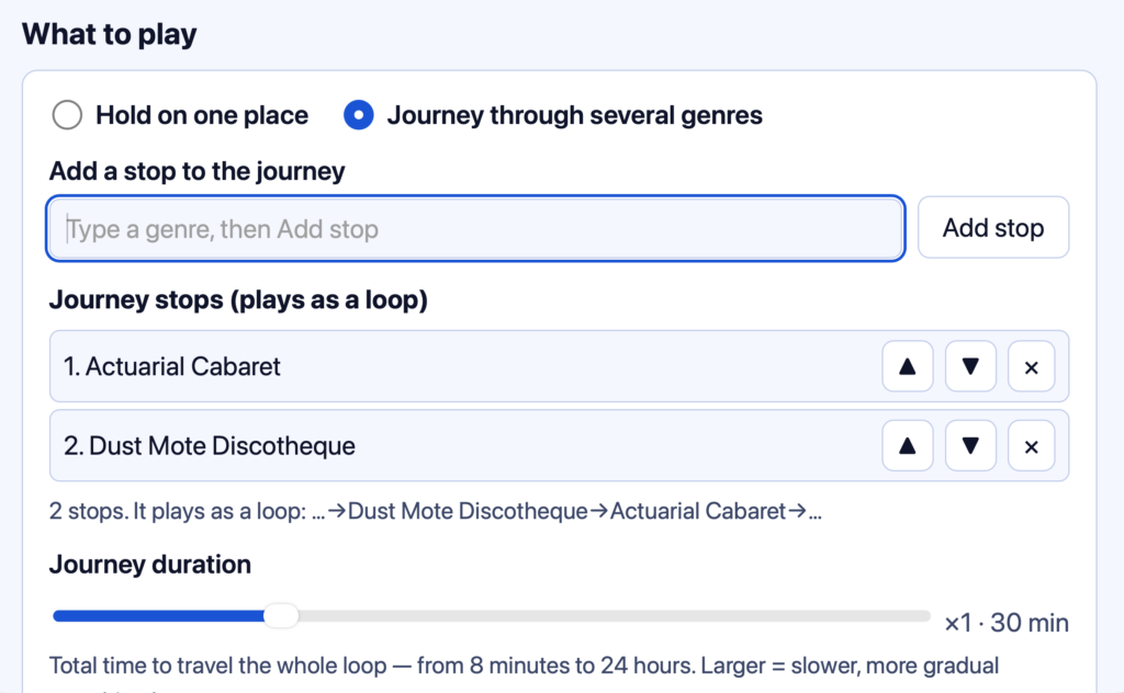 Screenshot of the accessible view of the app, featuring the header "What to play," followed by a breakdown of the music, including the two genres (actuarial cabaret and dust mote discotechque) and a slider for the loop speed.
