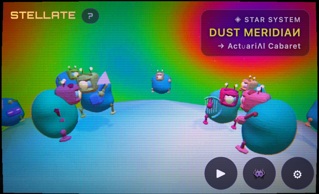 Image of the aliens dancing, with the header "Stellate" and a box that reads, "Star system, dust meridian, actuarial cabaret"