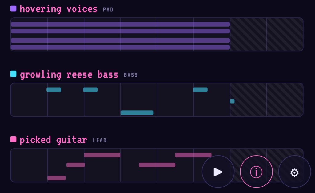 A black screen with three pink headers: hovering voices, growling reese bass, and picked guitar, with purple, teal, and pink representations of musical tones.