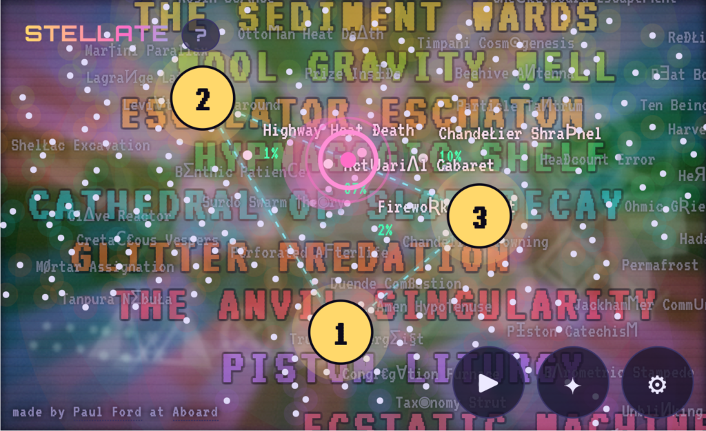 Screenshot of Paul's app with lots of colorful words and the numbers 1,2,3 in yellow