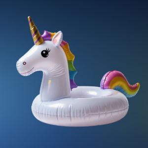 Image of an inflatable unicorn pool float against a dark blue background.