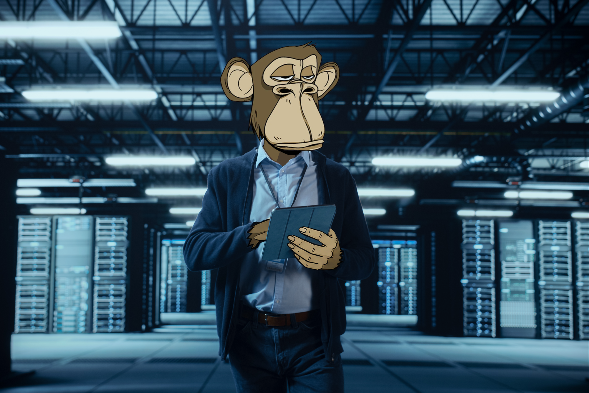 Image of a Bored Ape-style drawing on top of the body of a person walking through a room of servers.
