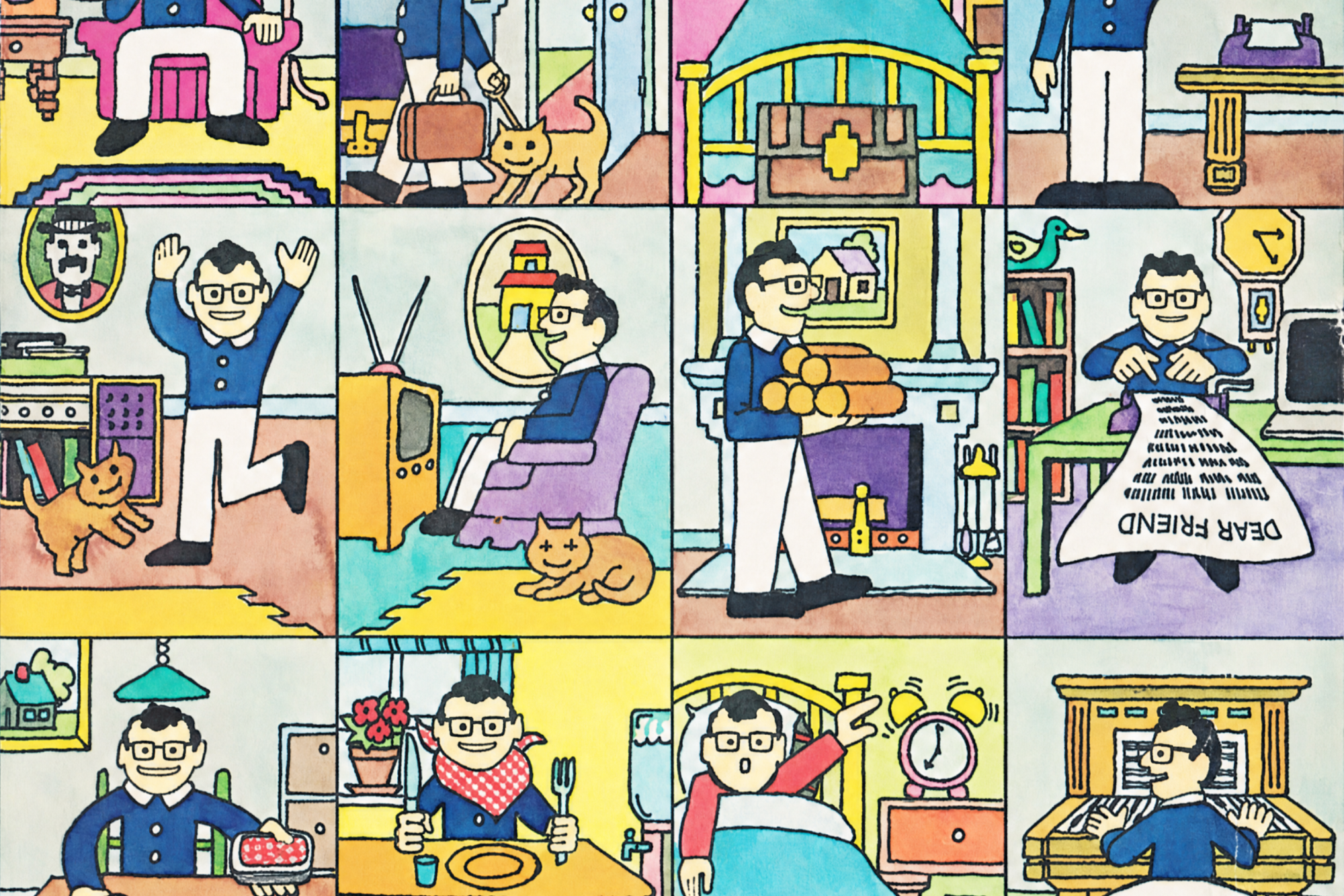 Image from Little Computer People featuring Dario Amodei in every tiny room doing a variety of household things.