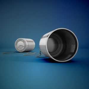 Image of two tin cans connected with string against a dark blue background.