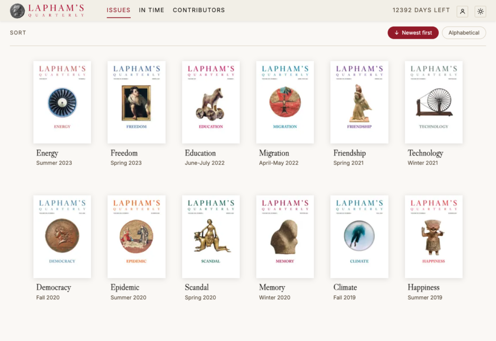 Screenshot of a grid of editions of Lapham's Quarterly.