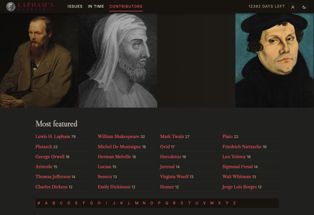 Screenshot of a list of contributors and several images of historical figures.