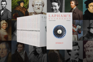 Image of a stack of Lapham's Quarterly editions against a grid of famous writers.