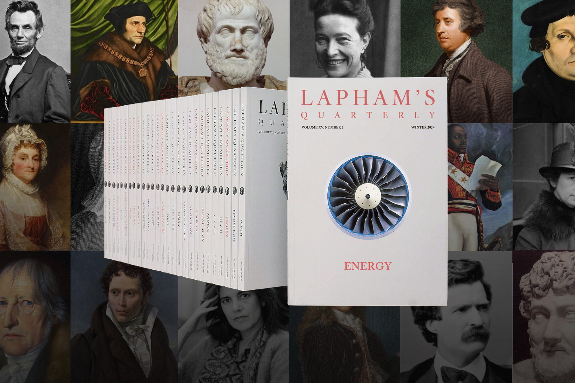 Image of a stack of Lapham's Quarterly editions against a grid of famous writers.