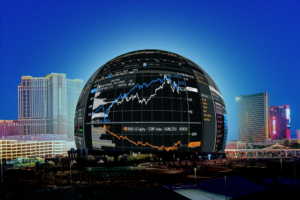 Image of the Las Vegas sphere with a stock ticker on its screen.